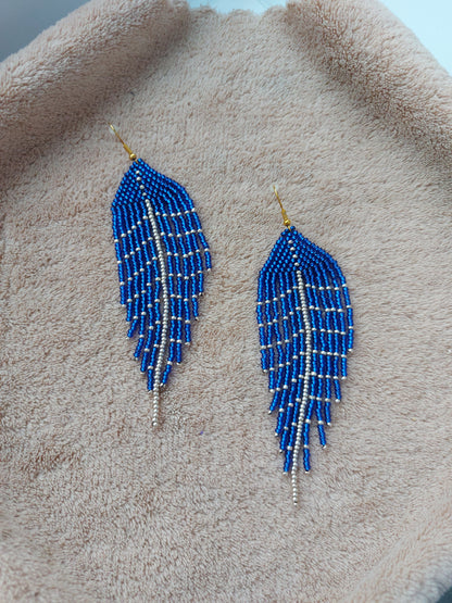 Beaded Luxury Ombre earrings " Blue Feathers "