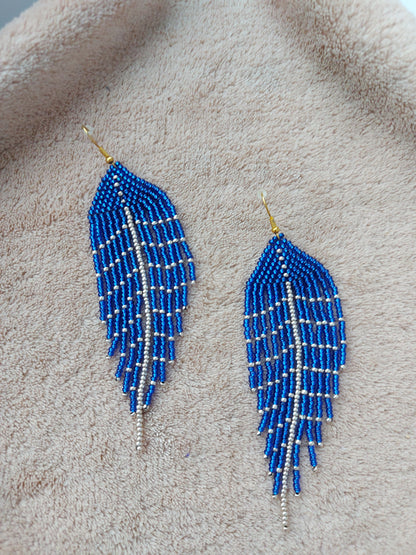 Beaded Luxury Ombre earrings " Blue Feathers "